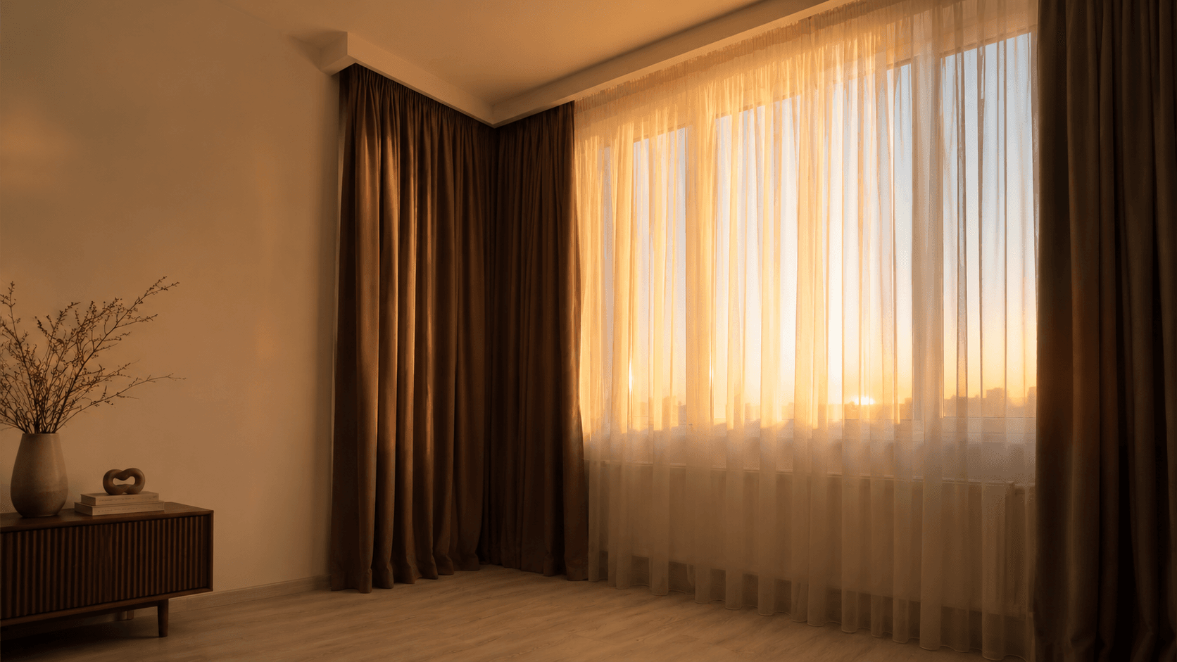 Cortinas dobles con visillo iluminadas por la luz del atardecer