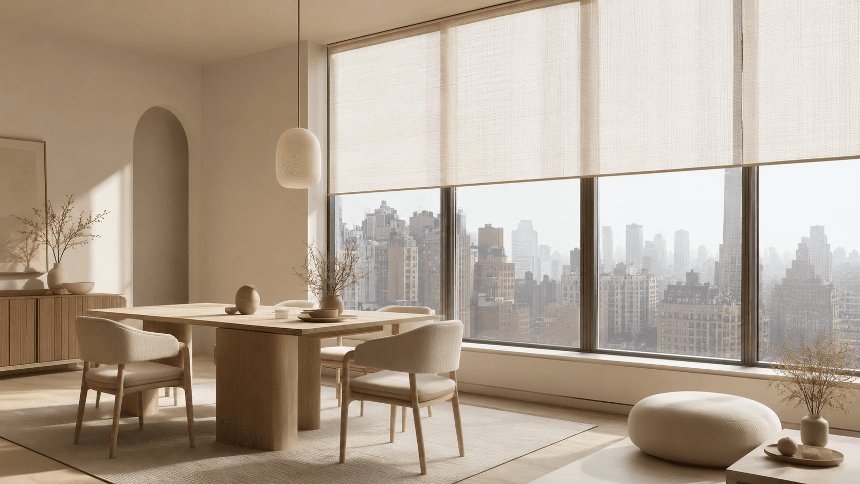 Estores screen en un comedor luminoso con vistas urbanas